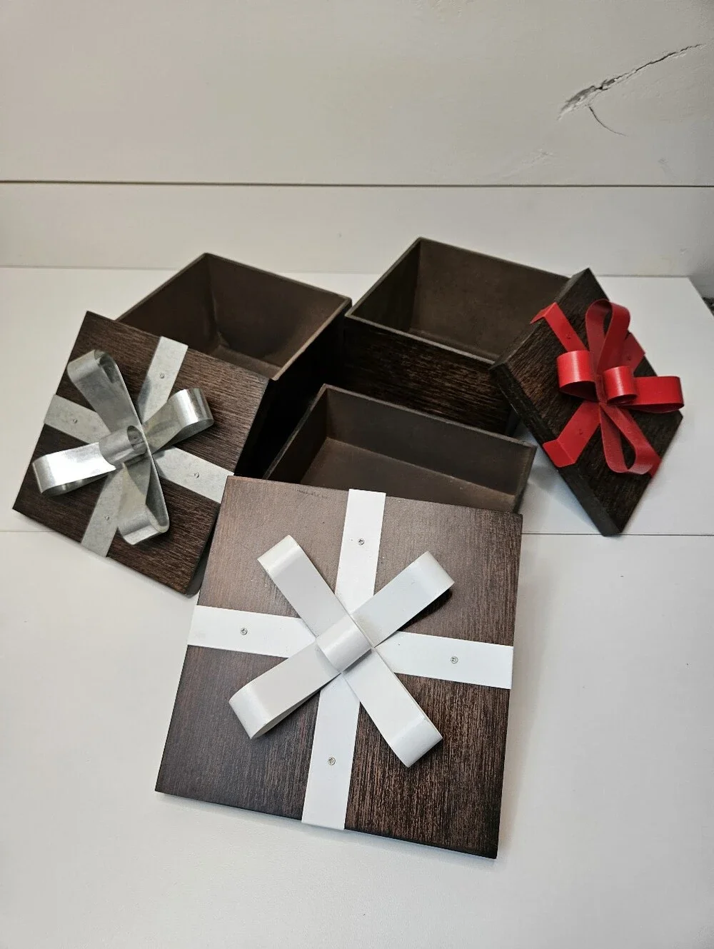 Holiday Decorative Wooden Gift Boxes w Red, White & Silver Bows - Set of 3